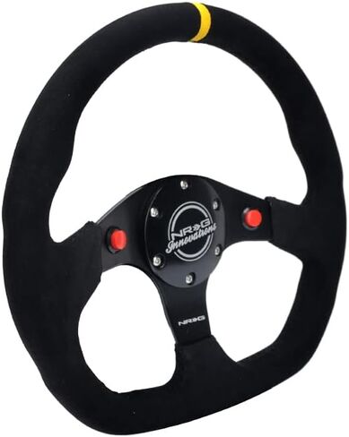 NRG Innovations NRG-RST-024D-MB-SA-Y Reinforced Steering Wheel 320mm Sport Alcantara Dual Push Buttons Flat Bottom with Yellow Center Mark in Saudi Arabia