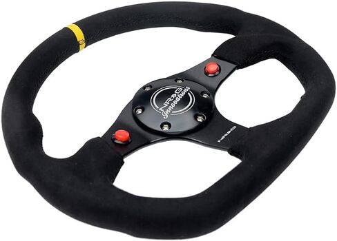 NRG Innovations NRG-RST-024D-MB-SA-Y Reinforced Steering Wheel 320mm Sport Alcantara Dual Push Buttons Flat Bottom with Yellow Center Mark in Saudi Arabia