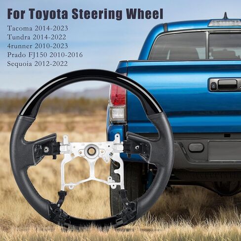 عجلة قيادة بيانو سوداء لسيارة Toyota Tundra 2014-2021، Tacoma 2012-2023، 4Runner 2010-2024، Sequoia 2014-2022، شكل دائري على طراز OEM، مقبض جلد أسود لامع وناعم in Kuwait
