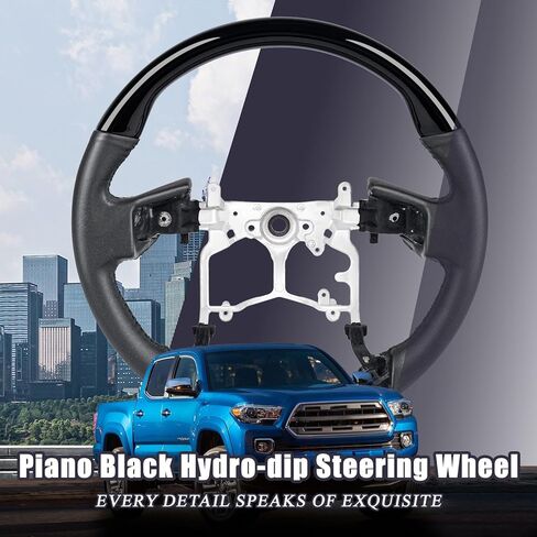 عجلة قيادة بيانو سوداء لسيارة Toyota Tundra 2014-2021، Tacoma 2012-2023، 4Runner 2010-2024، Sequoia 2014-2022، شكل دائري على طراز OEM، مقبض جلد أسود لامع وناعم in Kuwait