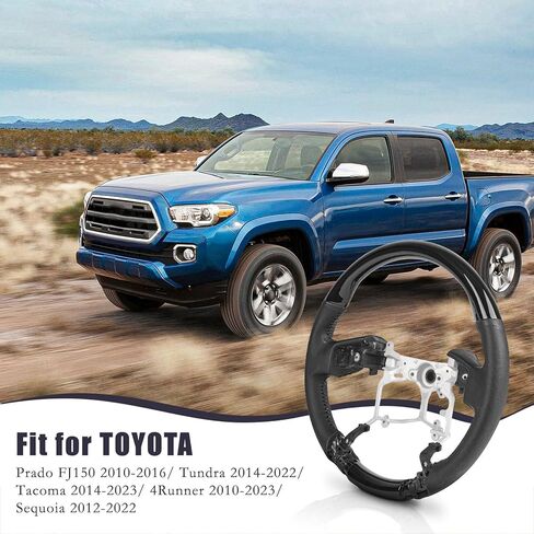 عجلة قيادة بيانو سوداء لسيارة Toyota Tundra 2014-2021، Tacoma 2012-2023، 4Runner 2010-2024، Sequoia 2014-2022، شكل دائري على طراز OEM، مقبض جلد أسود لامع وناعم in Kuwait