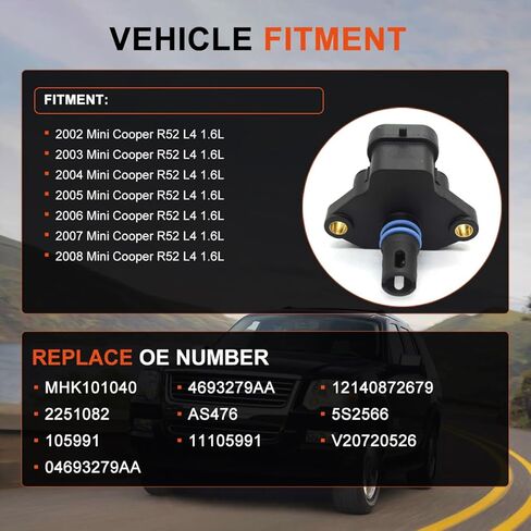 مستشعر MAP، مستشعر الضغط المطلق المنوع متوافق مع Mini Cooper 1.6L 02-08 2002 2003 2004 2005 2006 2007 2008، استبدل MHK101040، 12140872679 in Kuwait