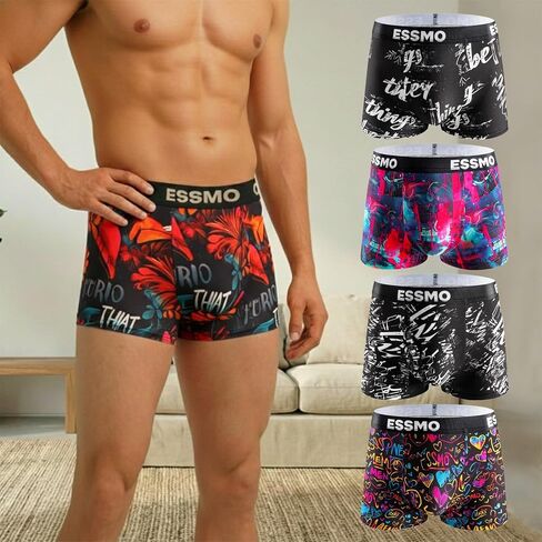 Mens Boxer Briefs 5 Pack Stretchy Anti Chafing Cartoon Print Lightweight Underwear Men Supportive Underpants in Saudi Arabia