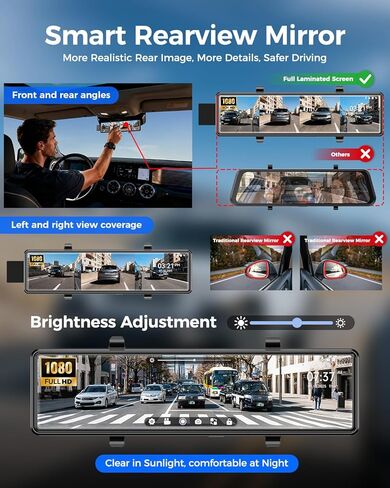 4 Channel Mirror Dash Cam,12" Rear View Mirror Camera,Dash Cam Front and Rear Side(Left,Right),Touch Screen DashCam,Automatic Reverse Camera, Parking Monitor，Free 128GB Card in Kuwait