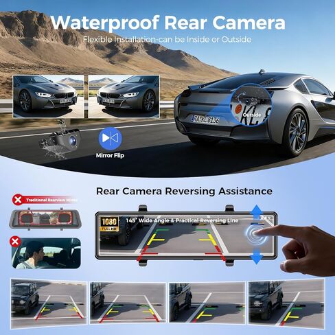 4 Channel Mirror Dash Cam,12" Rear View Mirror Camera,Dash Cam Front and Rear Side(Left,Right),Touch Screen DashCam,Automatic Reverse Camera, Parking Monitor，Free 128GB Card in Kuwait