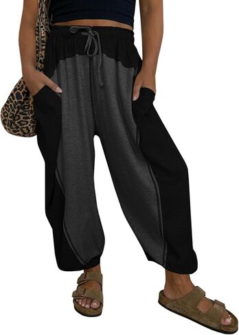 Fisoew Womens Baggy Wide Leg Harem Barrel Pants Casual Elastic Waist Drawstring Color Block Workout Track Pants with Pockets in Saudi Arabia