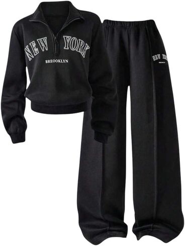 ملابس الفتيات المراهقات، ملابس غير رسمية بياقة واقفة، سويت شيرت مطبوع عليه حروف، سراويل طويلة، مجموعة ملابس الخريف المكونة من قطعتين لعمر 7-14 طن in Kuwait