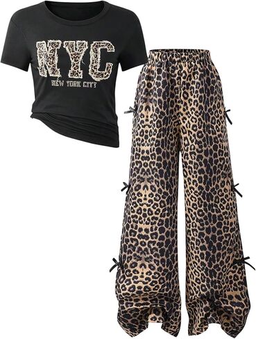 Girl's 2 Piece Leopard Print Outfits Short Sleeve Graphic Tees and Bow Cheetah Baggy Pants Sets in Saudi Arabia