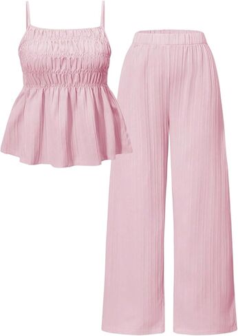 MakeMeChic Teen Girl's Cute 2 Piece Set Ruffle Smocked Cami Top Wide Leg Pants Set in Saudi Arabia