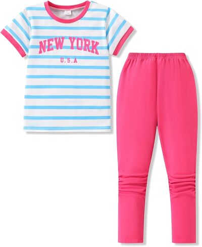 ملابس الفتيات المكونة من قطعتين من الملابس المخططة ذات الأكمام القصيرة والسراويل الضيقة، مجموعات الملابس الصيفية in Kuwait