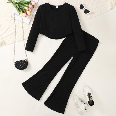Girls' Ribbed Knit 2-Piece Set with Crop Top & Flare Pants Stretch Comfort Outfit for Kids 8-12Y in Saudi Arabia