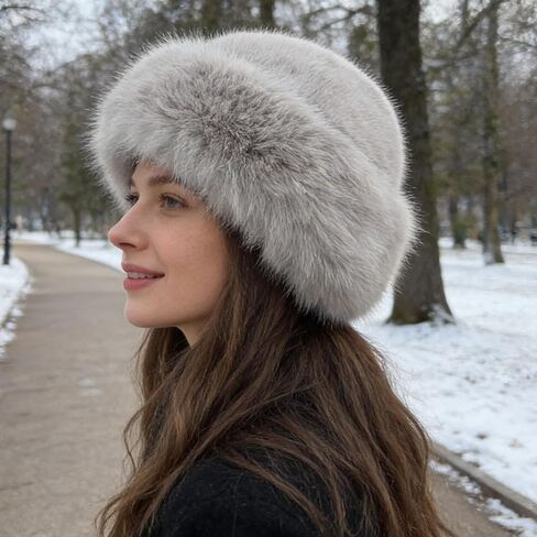 Winter Faux Fur Bucket Hat – Fluffy Furry Winter Hats for Women, Soft Mongolian Grey Bucket Hats for Woman Men in Saudi Arabia