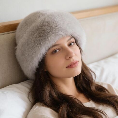 Winter Faux Fur Bucket Hat – Fluffy Furry Winter Hats for Women, Soft Mongolian Grey Bucket Hats for Woman Men in Saudi Arabia