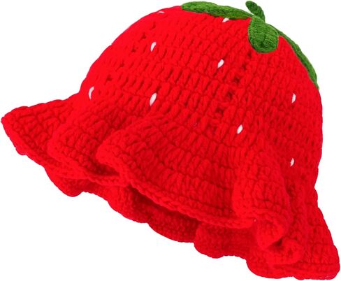 قبعة دلو كروشيه فراولة للنساء، قبعة متماسكة لطيفة على شكل فراولة حمراء مع حافة مكشكشة، قبعة صياد محبوكة ناعمة مترهلة in Kuwait