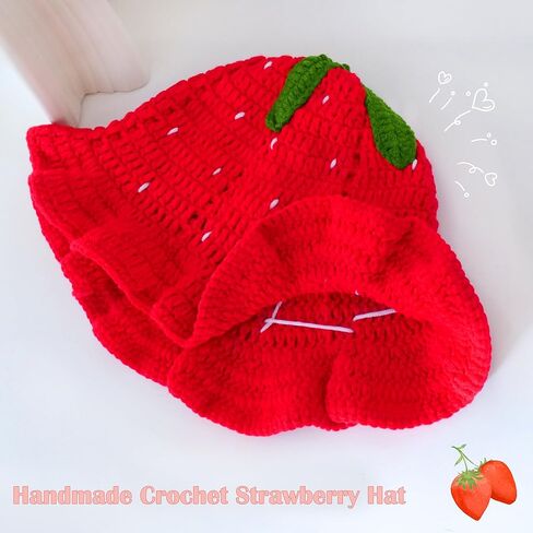 قبعة دلو كروشيه فراولة للنساء، قبعة متماسكة لطيفة على شكل فراولة حمراء مع حافة مكشكشة، قبعة صياد محبوكة ناعمة مترهلة in Kuwait