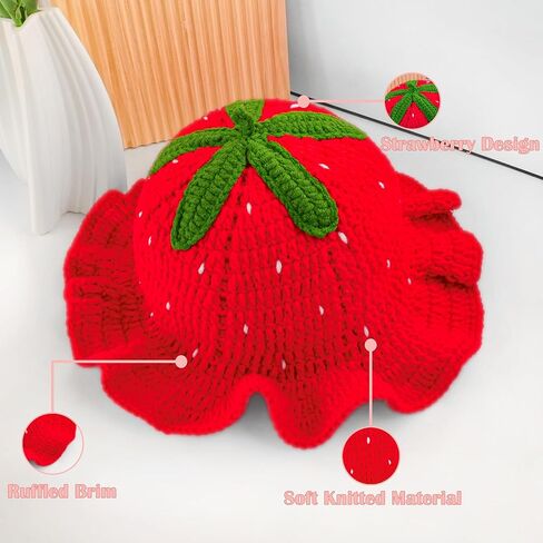 قبعة دلو كروشيه فراولة للنساء، قبعة متماسكة لطيفة على شكل فراولة حمراء مع حافة مكشكشة، قبعة صياد محبوكة ناعمة مترهلة in Kuwait