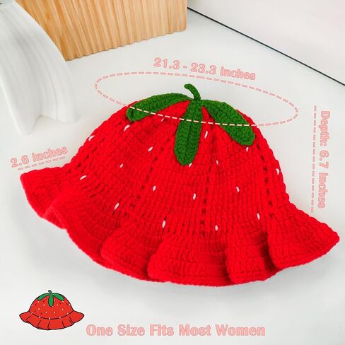قبعة دلو كروشيه فراولة للنساء، قبعة متماسكة لطيفة على شكل فراولة حمراء مع حافة مكشكشة، قبعة صياد محبوكة ناعمة مترهلة in Kuwait