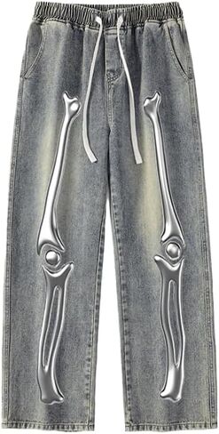 Men’s Baggy Sand-Washed Jeans DTG Skeleton Print Y2K Streetwear Elastic Waist Cotton-Blend Casual Trousers in Saudi Arabia