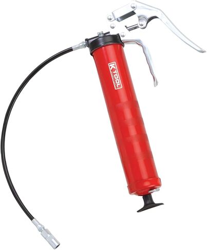 مسدس شحم بمقبض مسدس من K Tool International 73933 للكراجات ومحلات التصليح والأعمال اليدوية، 5000 رطل. السعة، رأس من الألومنيوم المصبوب، 14 أونصة حشوة مجمعة أو شفط، تحميل ثلاثي الاتجاهات، خرطوم مرن 18 بوصة، أحمر in Kuwait
