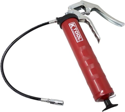 مسدس شحم بمقبض مسدس من K Tool International 73933 للكراجات ومحلات التصليح والأعمال اليدوية، 5000 رطل. السعة، رأس من الألومنيوم المصبوب، 14 أونصة حشوة مجمعة أو شفط، تحميل ثلاثي الاتجاهات، خرطوم مرن 18 بوصة، أحمر in Kuwait