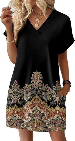 Casual Summer Dresses for Women 2026 Floral Tshirt Dress V Neck Short Sleeve Fashion Beach Vacation Clothes in Saudi Arabia