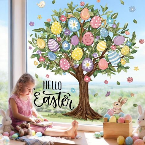 6 أوراق كبيرة جدًا من ملصقات نافذة شجرة عيد الفصح مقاس 31.5 بوصة، ملصقات زهور الأرانب ملصق مزدوج الجوانب لتزيين عطلة الربيع للأطفال في المنزل والمدرسة والمكتب والفصول الدراسية ومستلزمات الحفلات in Kuwait