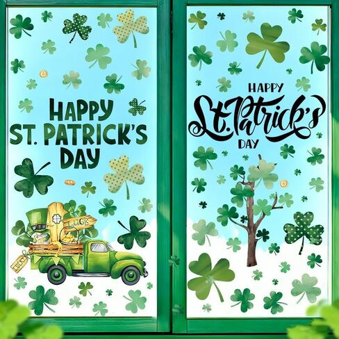 St. Patrick's Day Window Clings, 6 Sheets PVC Green Shamrock Static Wall Decals, Lucky Clover Vintage Truck Window Stickers for Glass Windows, Mirrors, Home Office Irish Party Decorations in Saudi Arabia