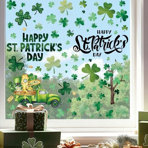 St. Patrick's Day Window Clings, 6 Sheets PVC Green Shamrock Static Wall Decals, Lucky Clover Vintage Truck Window Stickers for Glass Windows, Mirrors, Home Office Irish Party Decorations in Saudi Arabia