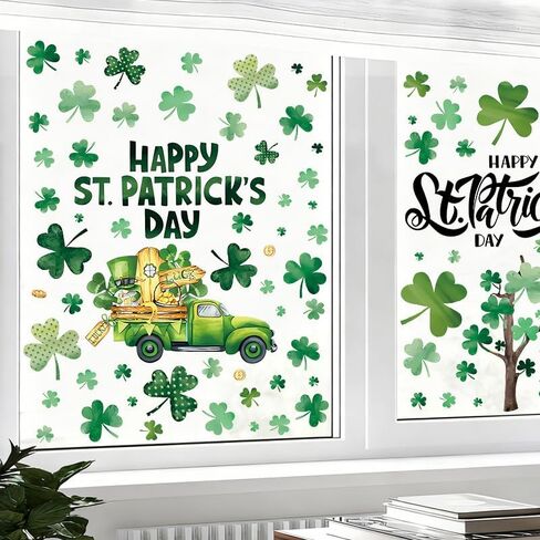 St. Patrick's Day Window Clings, 6 Sheets PVC Green Shamrock Static Wall Decals, Lucky Clover Vintage Truck Window Stickers for Glass Windows, Mirrors, Home Office Irish Party Decorations in Saudi Arabia