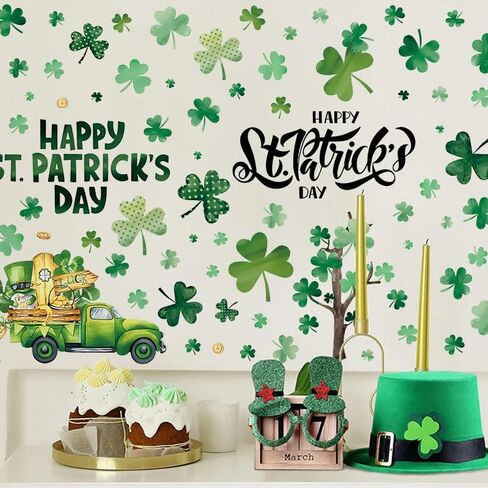St. Patrick's Day Window Clings, 6 Sheets PVC Green Shamrock Static Wall Decals, Lucky Clover Vintage Truck Window Stickers for Glass Windows, Mirrors, Home Office Irish Party Decorations in Saudi Arabia