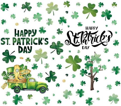 St. Patrick's Day Window Clings, 6 Sheets PVC Green Shamrock Static Wall Decals, Lucky Clover Vintage Truck Window Stickers for Glass Windows, Mirrors, Home Office Irish Party Decorations in Saudi Arabia