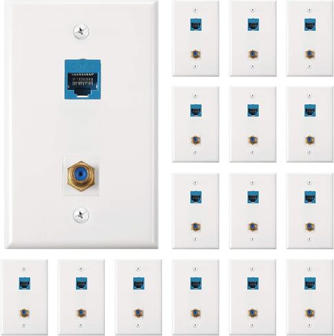 Weewooday 16 قطعة من لوحات الحائط Cat 6 Ethernet، لوحة حائط Cat 6 Coax مع منفذ إيثرنت ومنفذ تلفزيون Coax F-Type مطلي بالذهب (أبيض) in Saudi Arabia