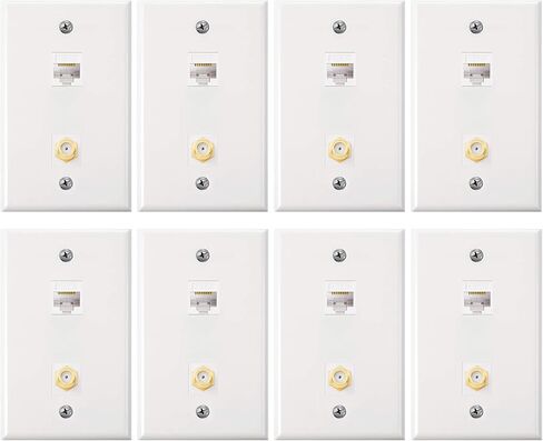 Weewooday 16 قطعة من لوحات الحائط Cat 6 Ethernet، لوحة حائط Cat 6 Coax مع منفذ إيثرنت ومنفذ تلفزيون Coax F-Type مطلي بالذهب (أبيض) in Saudi Arabia
