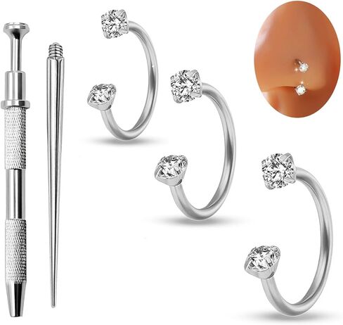 Horseshoe Nose Ring for Women 18G Titanium Steel Double Gem Nose Rings 6mm 7mm 8mm Silver Cartilage Helix Earring Labret Lip Piercing Jewelry in Saudi Arabia