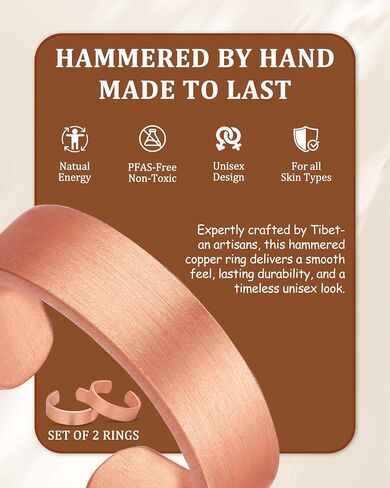 خواتم من النحاس النقي 100% للنساء والرجال (عبوة من قطعتين) — نحاس خام صلب — خواتم مصنوعة يدويًا غير مطلية وقابلة للتعديل ومفتوحة على الطراز التبتي in Kuwait