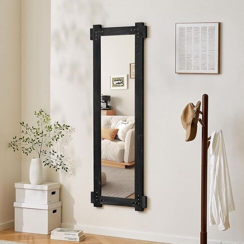 Full Length Mirror with Solid Wood Frame 64x21 Farmhouse Wall Mounted Floor Mirror with Stand, Free Standing Wall Mirror Full Body, Hanging Leaning Standing for Bedroom, Living Room (Black) in Saudi Arabia