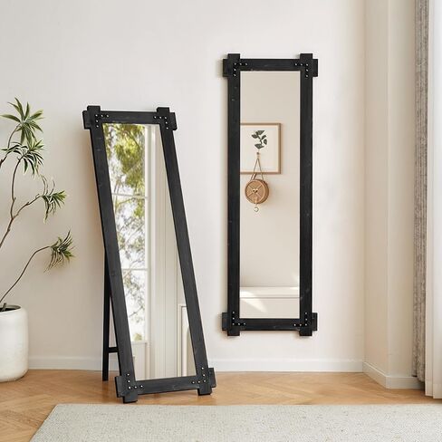 Full Length Mirror with Solid Wood Frame 64x21 Farmhouse Wall Mounted Floor Mirror with Stand, Free Standing Wall Mirror Full Body, Hanging Leaning Standing for Bedroom, Living Room (Black) in Saudi Arabia