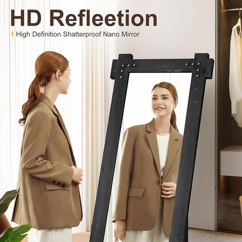 Full Length Mirror with Solid Wood Frame 64x21 Farmhouse Wall Mounted Floor Mirror with Stand, Free Standing Wall Mirror Full Body, Hanging Leaning Standing for Bedroom, Living Room (Black) in Saudi Arabia