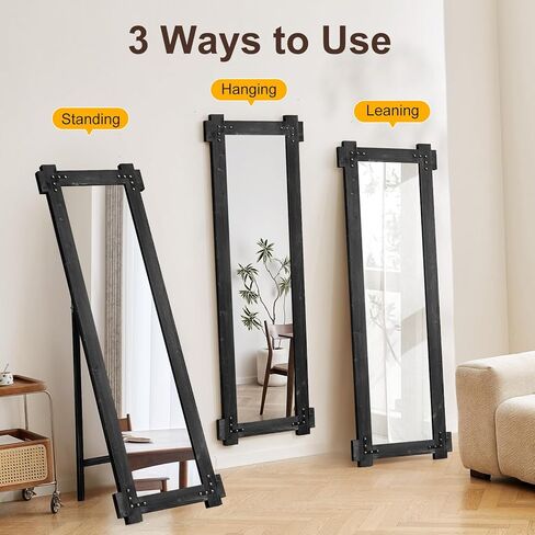 Full Length Mirror with Solid Wood Frame 64x21 Farmhouse Wall Mounted Floor Mirror with Stand, Free Standing Wall Mirror Full Body, Hanging Leaning Standing for Bedroom, Living Room (Black) in Saudi Arabia