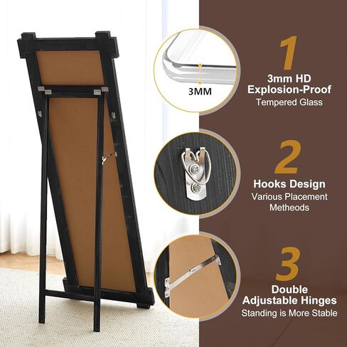 Full Length Mirror with Solid Wood Frame 64x21 Farmhouse Wall Mounted Floor Mirror with Stand, Free Standing Wall Mirror Full Body, Hanging Leaning Standing for Bedroom, Living Room (Black) in Saudi Arabia