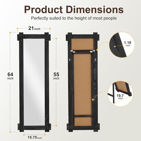 Full Length Mirror with Solid Wood Frame 64x21 Farmhouse Wall Mounted Floor Mirror with Stand, Free Standing Wall Mirror Full Body, Hanging Leaning Standing for Bedroom, Living Room (Black) in Saudi Arabia