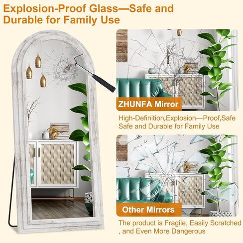 مرآة خارجية مقوسة بطول كامل من ثلاث طبقات مع إطار من الخشب الصلب، مرآة واقفة لديكور المزرعة الحديثة مقاس 65x22 بطول كامل، مثبتة على الحائط، مائلة، واقفة لغرفة النوم، وغرفة المعيشة، باللون الأبيض. in Kuwait