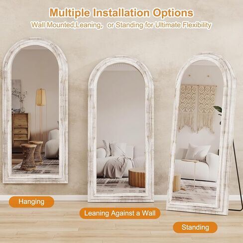 مرآة خارجية مقوسة بطول كامل من ثلاث طبقات مع إطار من الخشب الصلب، مرآة واقفة لديكور المزرعة الحديثة مقاس 65x22 بطول كامل، مثبتة على الحائط، مائلة، واقفة لغرفة النوم، وغرفة المعيشة، باللون الأبيض. in Kuwait