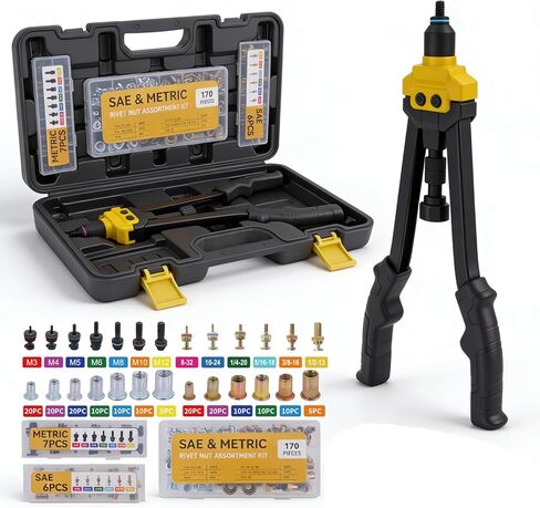 مجموعة أدوات صامولة البرشام، مجموعة أدوات ريفنوت 16 بوصة مع 13 مماسك متري وSAE، مجموعة متنوعة من صواميل البرشام 170 قطعة، حقيبة حمل متينة، مثالية للصفائح المعدنية وأعمال السيارات in Kuwait