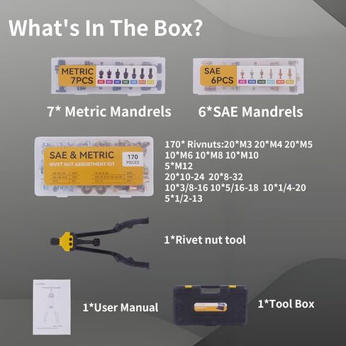 مجموعة أدوات صامولة البرشام، مجموعة أدوات ريفنوت 16 بوصة مع 13 مماسك متري وSAE، مجموعة متنوعة من صواميل البرشام 170 قطعة، حقيبة حمل متينة، مثالية للصفائح المعدنية وأعمال السيارات in Kuwait