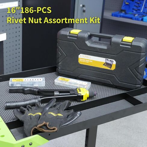 مجموعة أدوات صامولة البرشام، مجموعة أدوات ريفنوت 16 بوصة مع 13 مماسك متري وSAE، مجموعة متنوعة من صواميل البرشام 170 قطعة، حقيبة حمل متينة، مثالية للصفائح المعدنية وأعمال السيارات in Kuwait