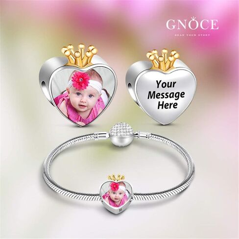 GNOCE Customised Photo Charm Bead Sterling Silver Always in My Heart Engravable Personalized Charm fit Bracelets Necklaces Gift to Friends Families and Pets in Saudi Arabia