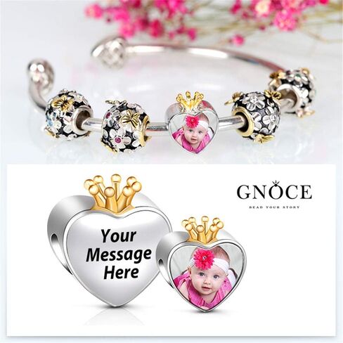 GNOCE Customised Photo Charm Bead Sterling Silver Always in My Heart Engravable Personalized Charm fit Bracelets Necklaces Gift to Friends Families and Pets in Saudi Arabia