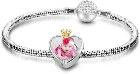 GNOCE Customised Photo Charm Bead Sterling Silver Always in My Heart Engravable Personalized Charm fit Bracelets Necklaces Gift to Friends Families and Pets in Saudi Arabia