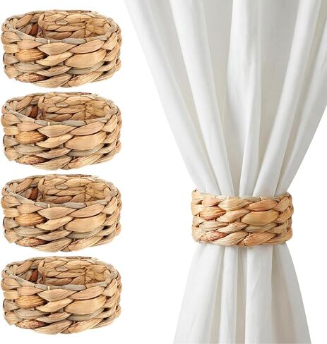 Novabright 4 Pack Woven Curtain Tiebacks - 9.06 x1.18 Hook and Loop Fastener Curtain Holdbacks, Boho Rustic Farmhouse Home Decor for Bedroom Living Room Office Window(Water Hyacinth) in Saudi Arabia